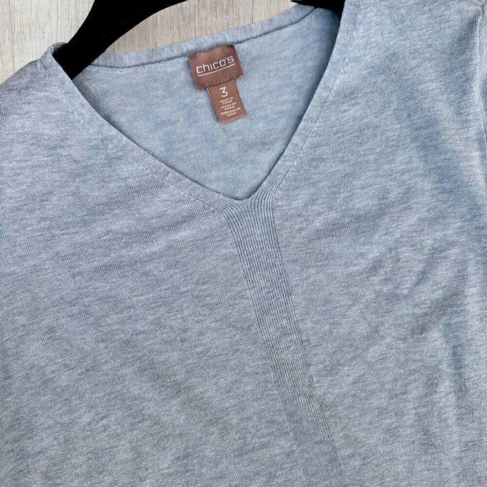 CHICO'S Light Blue V Neck Lightweight Linen Blend Knit Sweater L XL Size 3